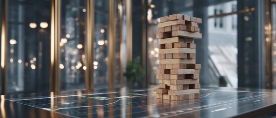 Wooden block tower game on office table with glass background