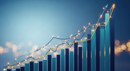 A vibrant 3D bar chart illustrates significant financial growth and business prosperity with an upward arrow and glowing trend lines on a sleek blue background.