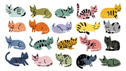Fototapeta premium A Kaleidoscope of Kitties: A vibrant array of stylized cats of different colors and patterns in a collection, each one a unique and charming character.