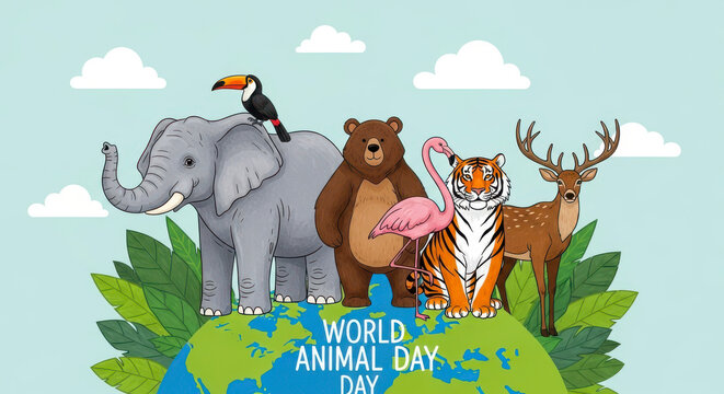 Diverse group of wild animals standing together on planet earth celebrating world animal day