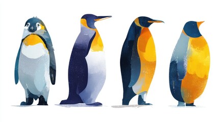 Fototapeta premium Penguin Parade: A charming array of watercolor-style penguins of varying species, exuding personality with each unique pose and color palette.