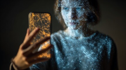 person with smartphone showing holograms on the screen