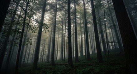 Naklejka premium Misty evergreen forest with tall, slender trees reaching towards the foggy sky, showcasing dense undergrowth and atmospheric lighting, creating a serene woodland scene.
