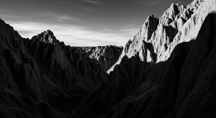 Dramatic black and white vista of rugged mountain peaks and deep canyons under a vast, clouded sky, showcasing harsh textures and sharp shadows