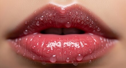 Extreme closeup of glossy pink lips with water droplets