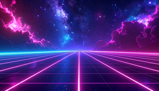 Retro futuristic landscape with vibrant neon grid and cosmic backdrop