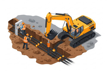 Isometric Construction Illustration of Excavator Installing Underground Utility Cables with Workers
