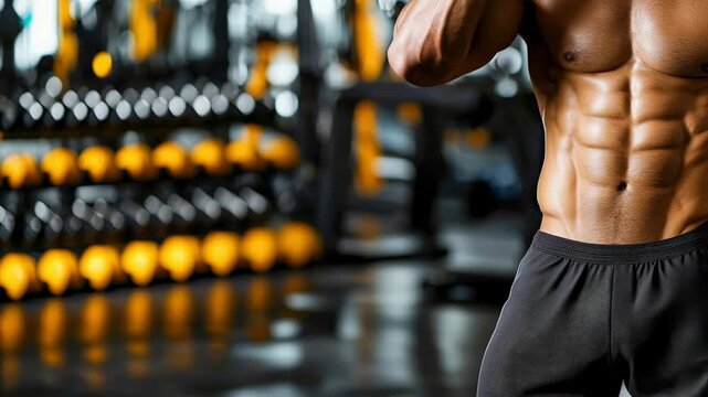 Fitness gym abs muscle male torso workout strength training six pack athlete bodybuilder sweat protein shake nutrition determination focus