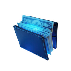 A dark  shot displays a blue leather wallet, filled with money, lit with a vibrant, cool blue glow.