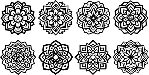 Intricate Black and White Floral Mandala Design | Symmetrical Mehndi-Inspired Art | Detailed Geometric Patterns for Coloring Books and Tattoos