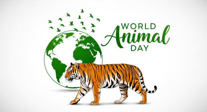 World animal day celebration with a majestic tiger walking in front of a green planet earth