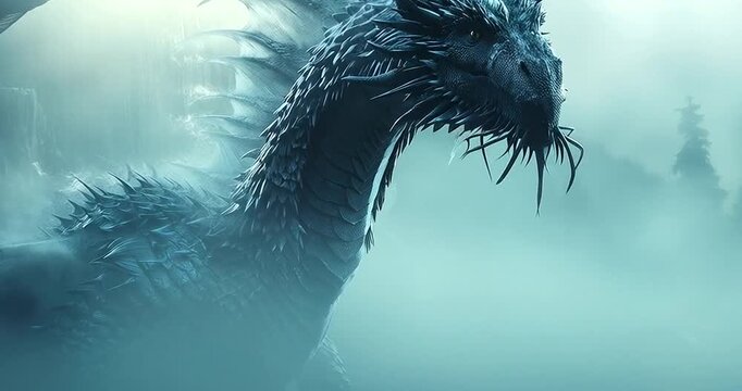 Majestic ice dragon emerging from thick fog in a mystical forest, fantasy creature with scales and wings 4k video