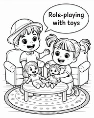 Children engaging in imaginative role playing with dolls and toys indoors