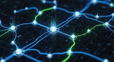 Digital network connections with glowing nodes and lines representing data flow and communication across a technology infrastructure on a dark background