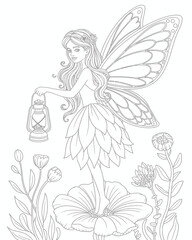 A delicate fairy holds a glowing lantern amidst blooming garden flowers