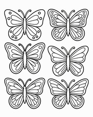 Charming black and white illustration featuring six detailed butterfly outlines