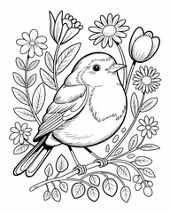 A charming bird perched amongst delicate flowers and foliage illustration