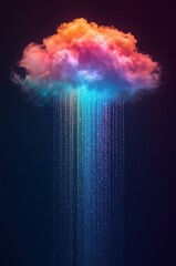 A vibrant, abstract cloud formation, brilliantly colored in hues of orange, pink, and blue, showcases a digital data stream cascading downwards.