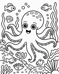 Cute cartoon octopus surrounded by fish bubbles and coral reef life