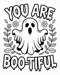A cute ghost illustration with floral decorations and positive messaging