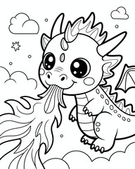 Adorable baby dragon breathing fire surrounded by clouds and sparkling stars