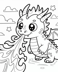 Adorable cartoon dragon breathing fire outlined for coloring and playful fun
