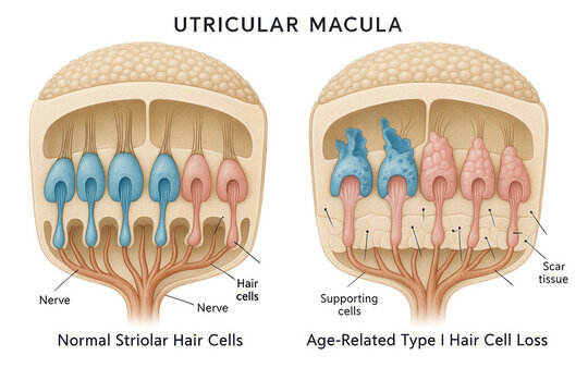 Anatomical illustration comparing normal utricular macula hair cells with age-related hair cell loss.