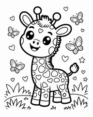 Adorable giraffe with butterflies and hearts a cute coloring page illustration