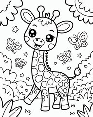 A delightful cartoon giraffe with butterflies and clouds ready to color