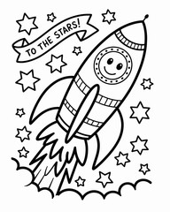 A cheerful rocket ship blasting off towards the twinkling stars