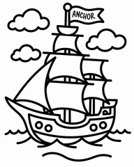 Simple black and white drawing of a sailboat with a flag
