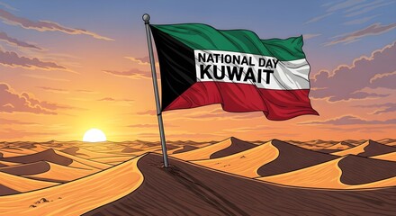Kuwait national day celebration with flag in desert landscape at sunset for holiday design