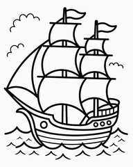 Simple black and white illustration of a vintage sailing ship at sea