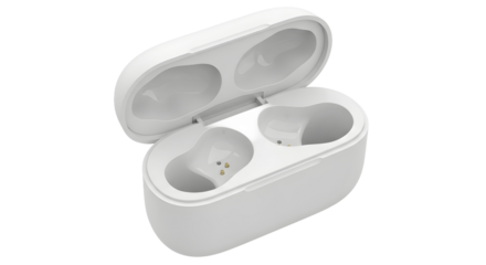 An empty white charging case for wireless earbuds is open, a plain object isolated on a clean white background with no shadow and no logo