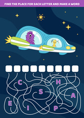 Find the place for each letter and make a word. Spaceship. Maze, labyrinth. Cartoon, isolated vector illustration eps 10