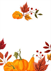 Fototapeta premium Autumn frame featuring elements of fall: mushrooms, acorns, leaves, and pumpkins on a white background. Perfect for seasonal designs