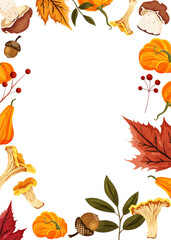 Autumn frame featuring elements of fall: mushrooms, acorns, leaves, and pumpkins on a white background. Perfect for seasonal designs