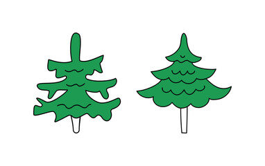 Set of Christmas trees. Hand drawn, doodles. Tree icons. New Year's vector illustration. Isolated on white background.