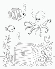 An underwater scene with an octopus fish treasure chest and plants