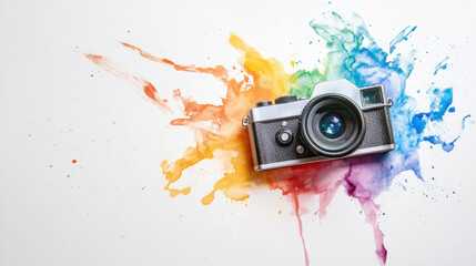 Vintage camera with colorful paint splashes on canvas. World Toy Camera Day