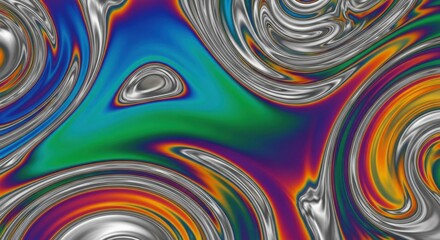 Vibrant abstract fluid art with iridescent colors and dynamic silver metallic swirls creating a hypnotic, flowing liquid effect, perfect for modern backgrounds.