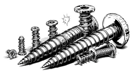 set small and big self tapping screws, black and white illustration vector, group multiple sizes