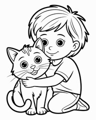 A charming illustration of a young boy hugging a cute kitten