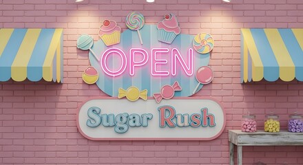 Bright neon sign at candy shop featuring lollipops and cupcakes for sweet-themed events and designs