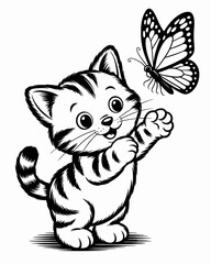 A playful kitten curiously reaching for a beautiful patterned butterfly