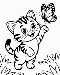 A playful kitten reaching for a beautiful butterfly in a drawing