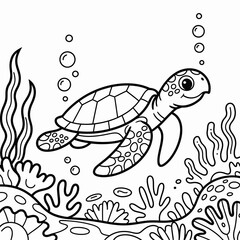 A charming sea turtle swims peacefully amongst coral and bubbles