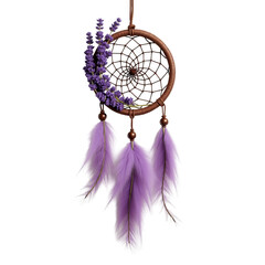 A handcrafted dreamcatcher, adorned with delicate lavender sprigs and soft purple feathers, hangs against a stark black background.