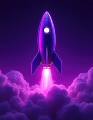 A vibrant purple rocket blasts through a night sky filled with clouds, showcasing a futuristic, energetic design.