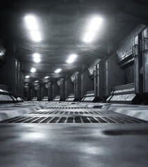 3D rendering of a detailed dark and scary spacecraft corridor with unique style